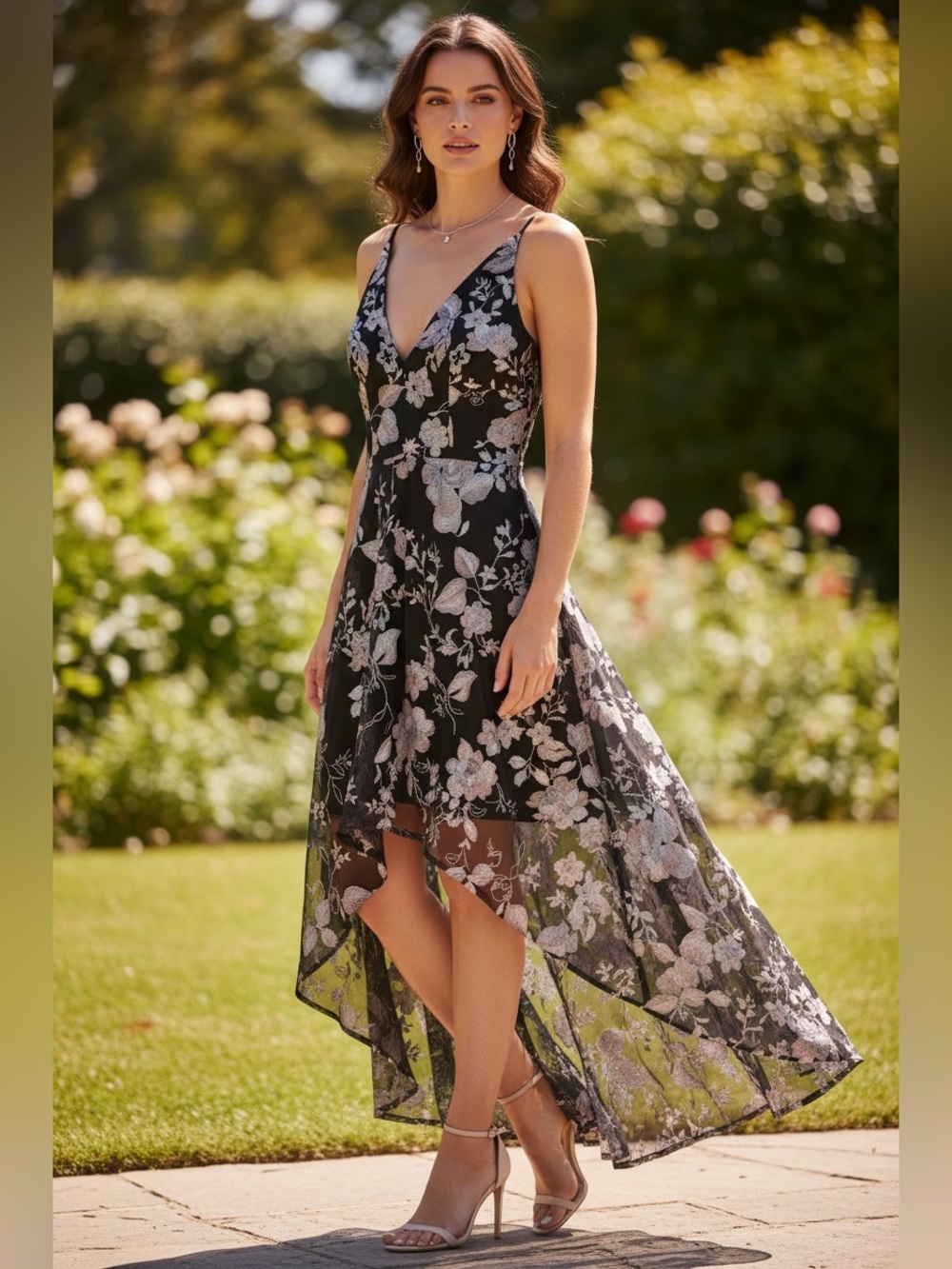 Xscape Black Floral High-Low V-Neck Spaghetti Strap Dress